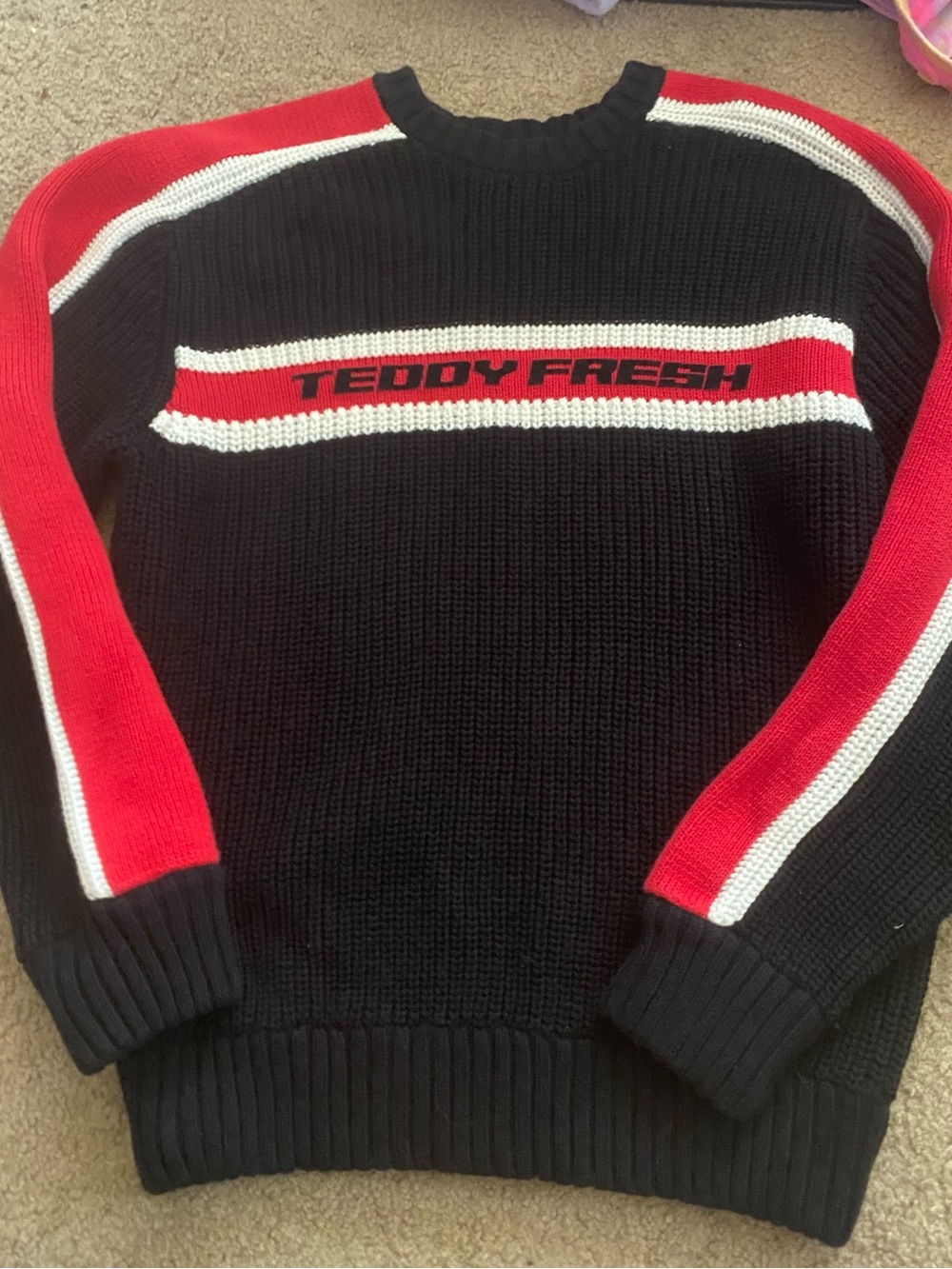 Teddy Fresh Black Sweater with Red & White Stripe Logo- worn once. Like new.